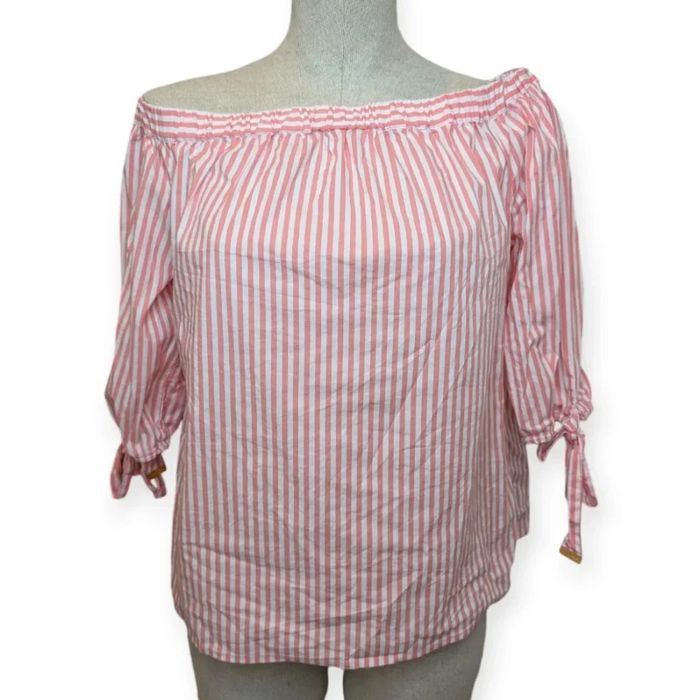 Michael Kors Blouse Peach Stripes Off Shoulder Gold Charm Ties  Woman Medium